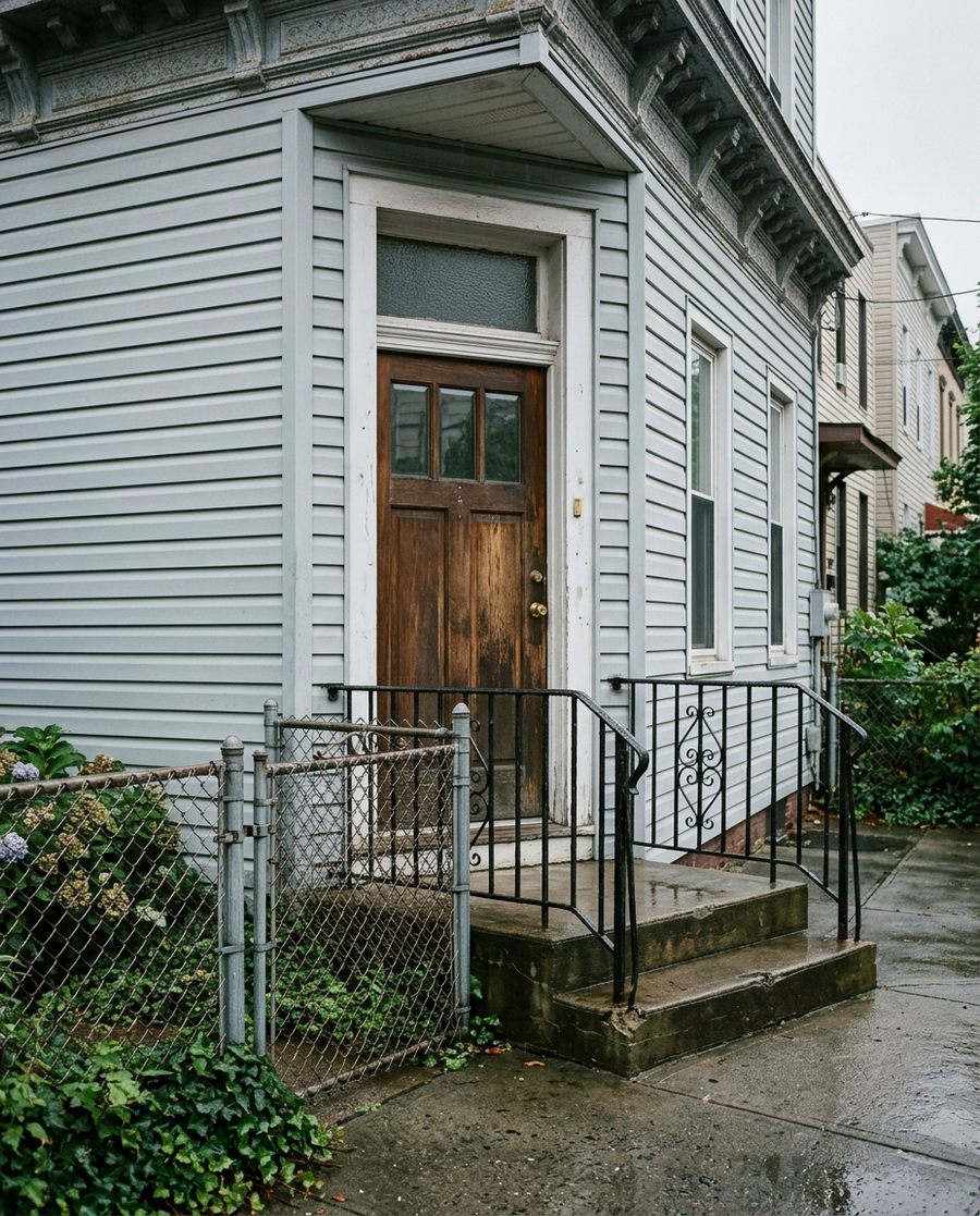 Rendering of a vinyl-sided frame house in Greenpoint with a wood door, a transom, and an iron railing