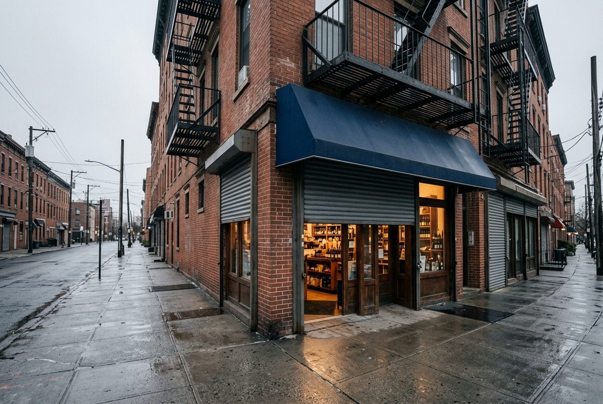 Rendering of a brick corner storefront on the avenue with a navy awning and a roll gate